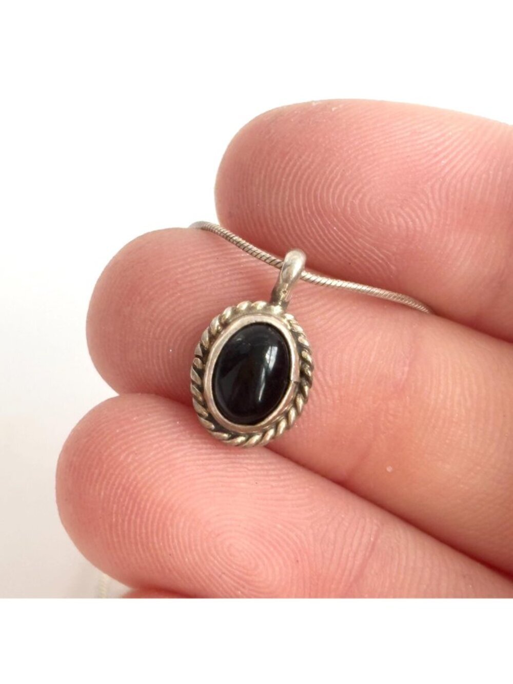Art Deco Black Onyx Rope Sterling Silver 925 Oval Vintage Pendant Necklace - 16" - Picture 9 of 16